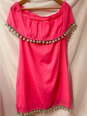 STS SAIL TO SABLE Bright Pink Off-Shoulder Pom Pom Trim Women's Top NWT